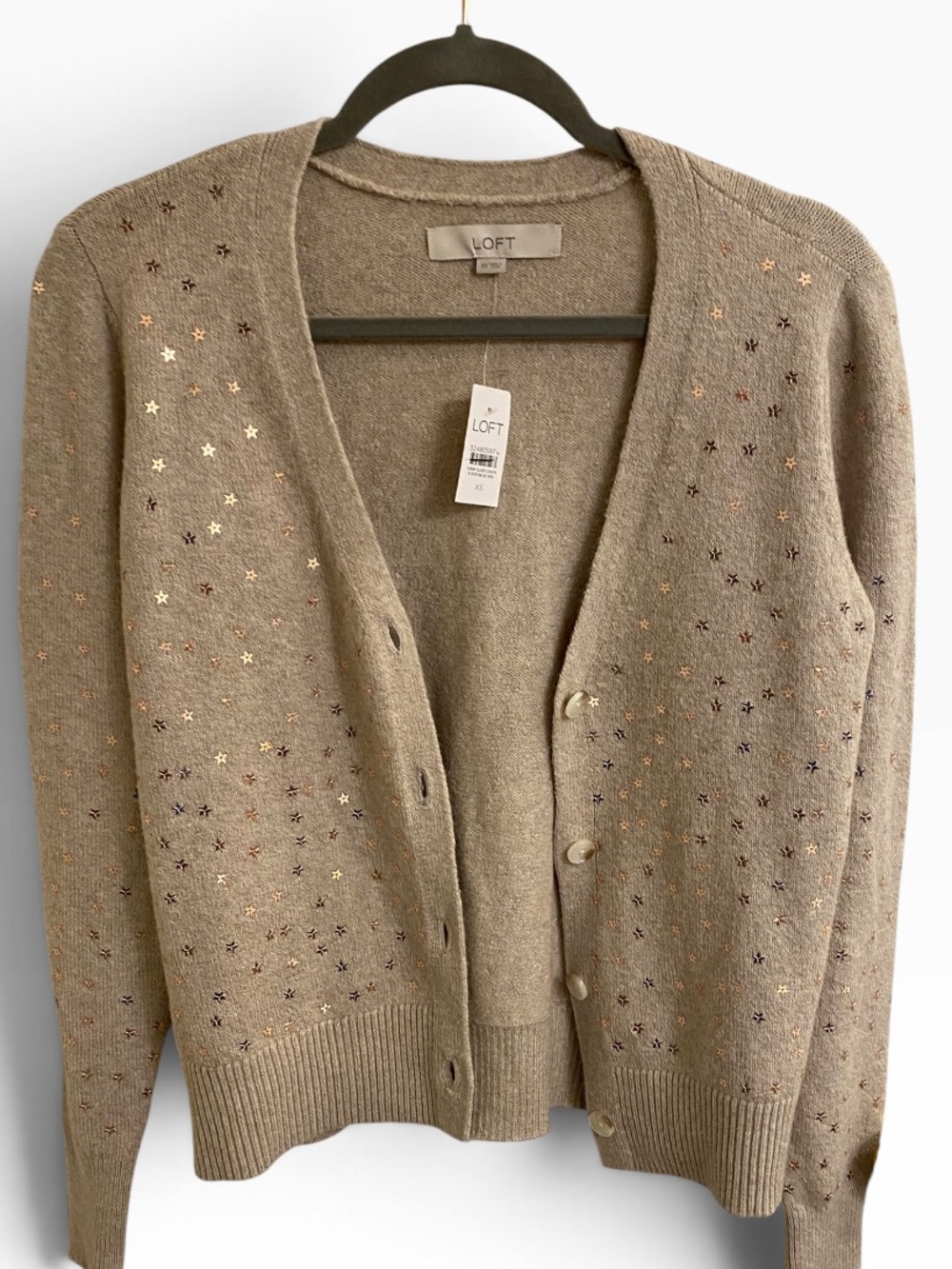 LOFT Beige Tan Neutral Gold Star Embellished V-Neck Cardigan Sweater Soft Dressy